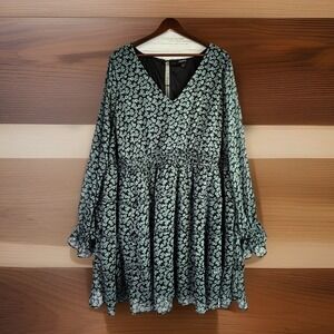 Torrid Dress 3X Sheer Black Blue Floral Balloon Sleeve Tiered Fairy Goth Witchy